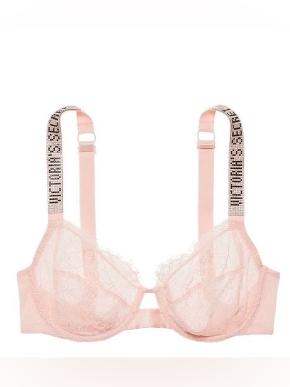 Victoria's Secret Bling 36G Sheer Lace Underwire Bra Pink Embellished Straps